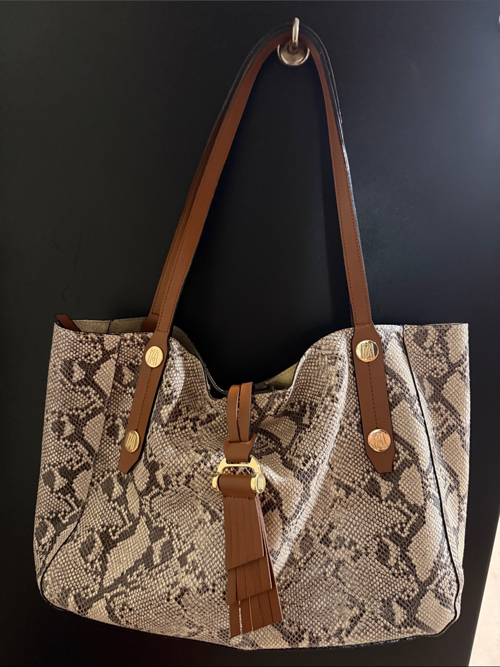 Antonio Melani Python-Print Tote Bag with Brown Leather Straps